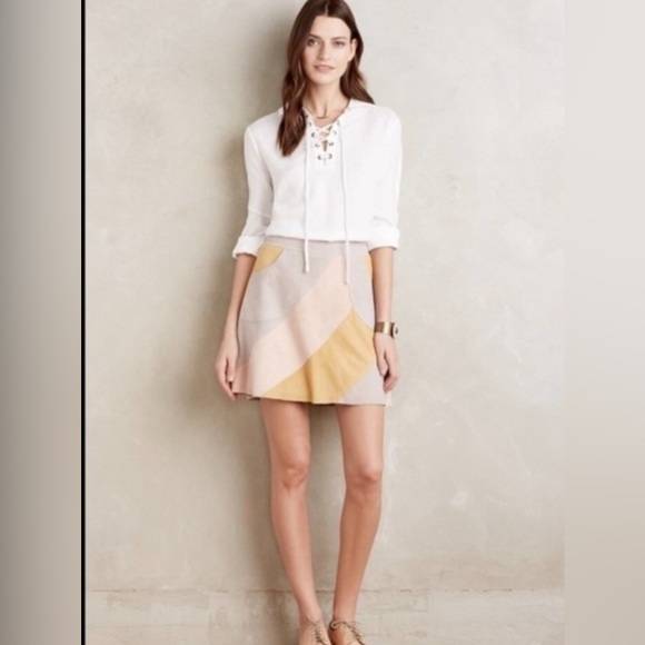 Anthropologie HD in Paris Patchwork Suede Leather Mini Skirt Taupe Pink Size 16 - Picture 2 of 10